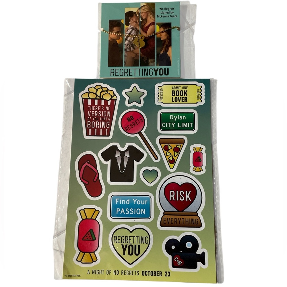 Regretting You movie “no regrets” necklace & Sticker Sheet with Fun Designs